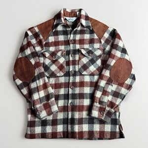 Vintage 60s Woolrich Shirt Mens Medium Brown Plaid Leather Elbow Patch Shooting